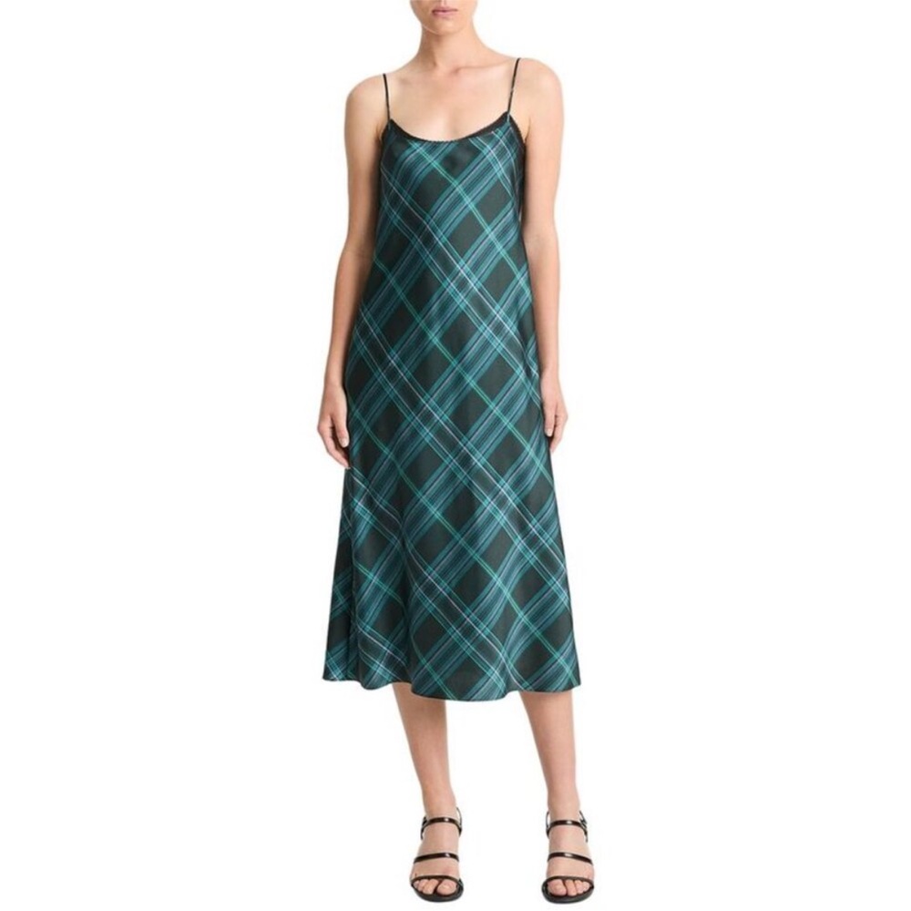 Vince Womens Plaid Lace-Trim Slip Dress, Green